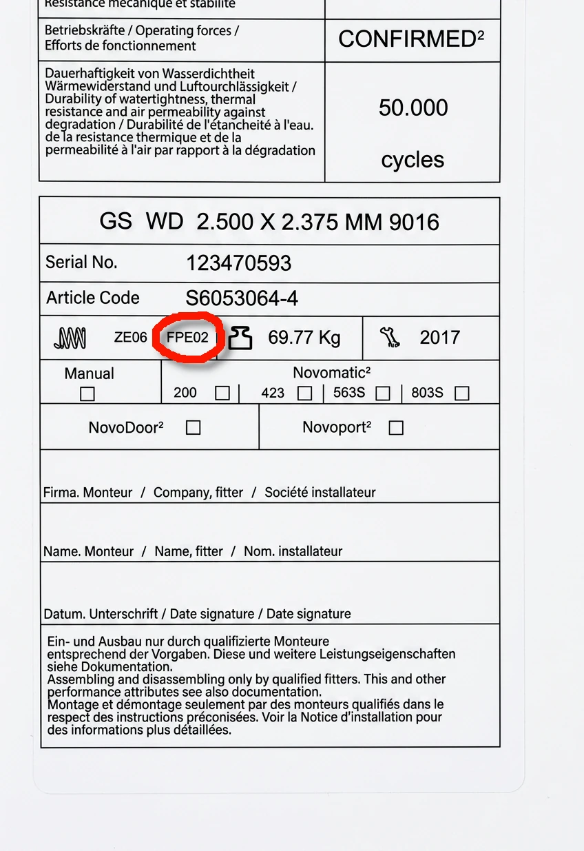 Novoferm vertikālās vilces atsperes datu plāksnīte