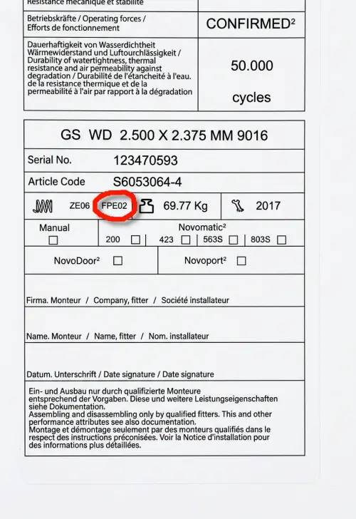 Novoferm vertikālās vilces atsperes datu plāksnīte